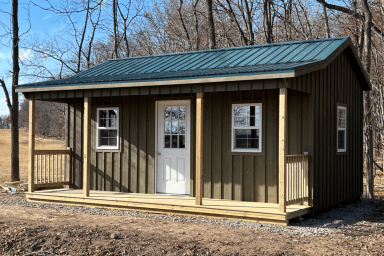 14x28 cabin with side porch and green metal roof in new york