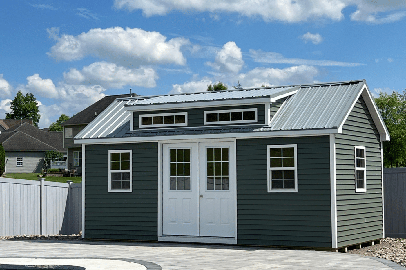 10x20 chalet shed green with double doors in fairport ny