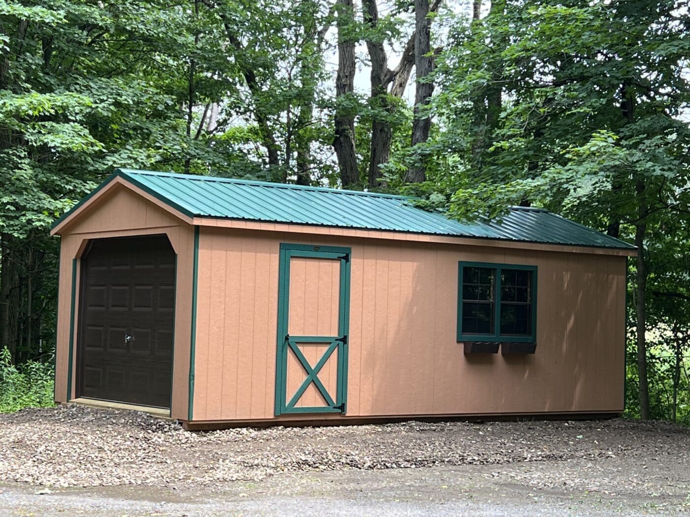 potters clay 12x24 cottage garage in Warsaw NY with ivy trim and metal roof and a brown garage door and flowers boxes